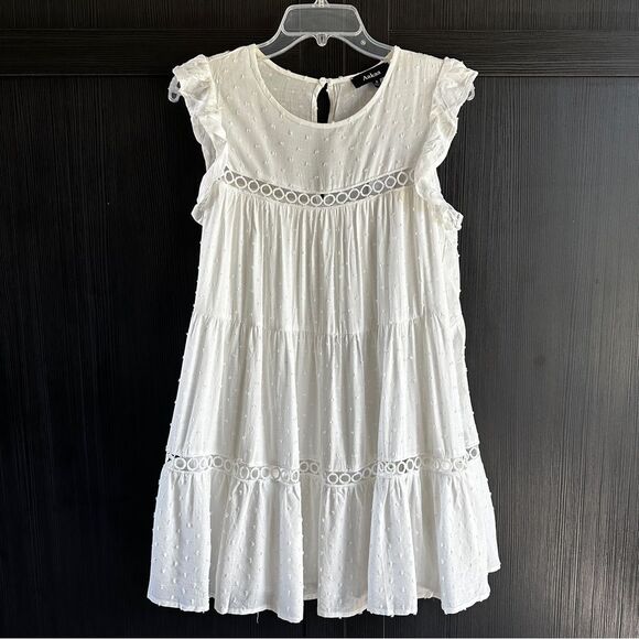 NWT Aakaa White Sleeveless Flutter Swiss Dot Baby doll Mini Sundress w/Pockets S - Picture 14 of 16